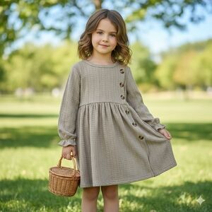 Boho Kids Cable Knit Ruffle Long Sleeve Button Front Khaki Dress Youth Girl 3-4